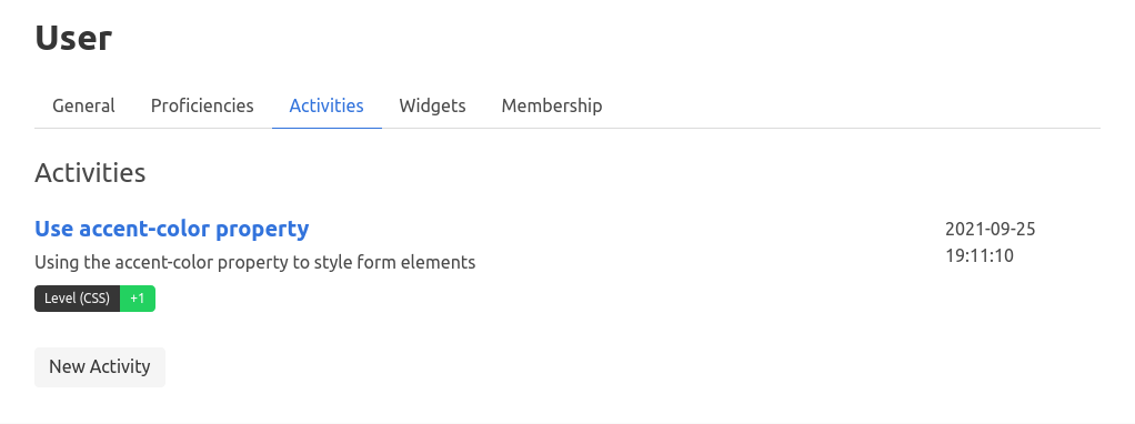 Screenshot of the activities page