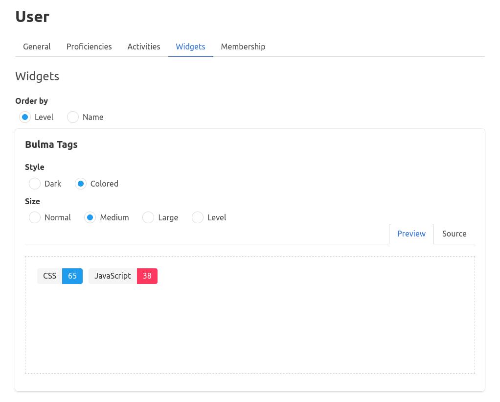 Screenshot of the widgets preview page